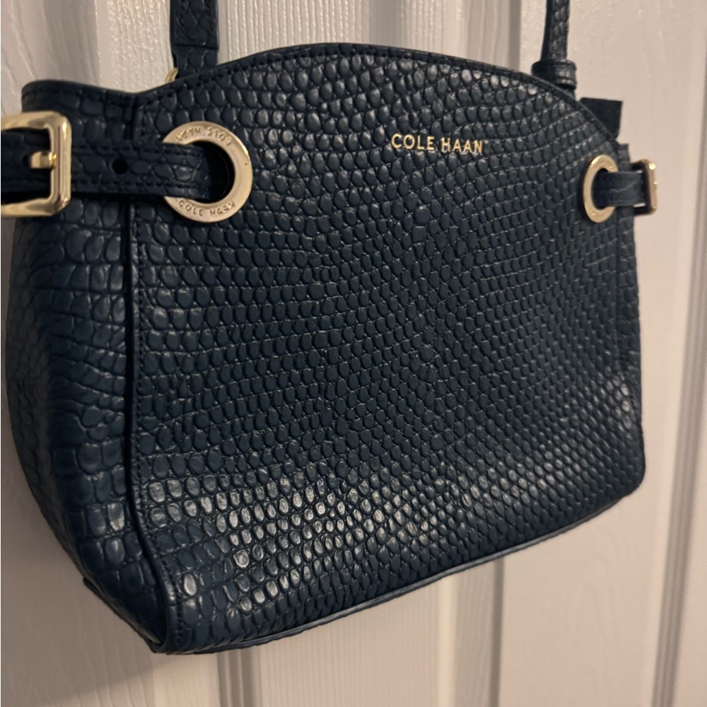 Blue Cole Haan crossbody bag with gold details